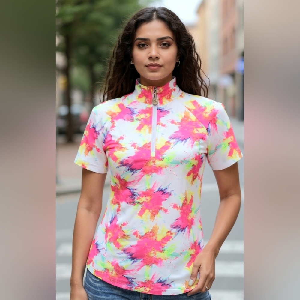 Tzu Tzu Women's Colorful Short Sleeve Zip-Up Top